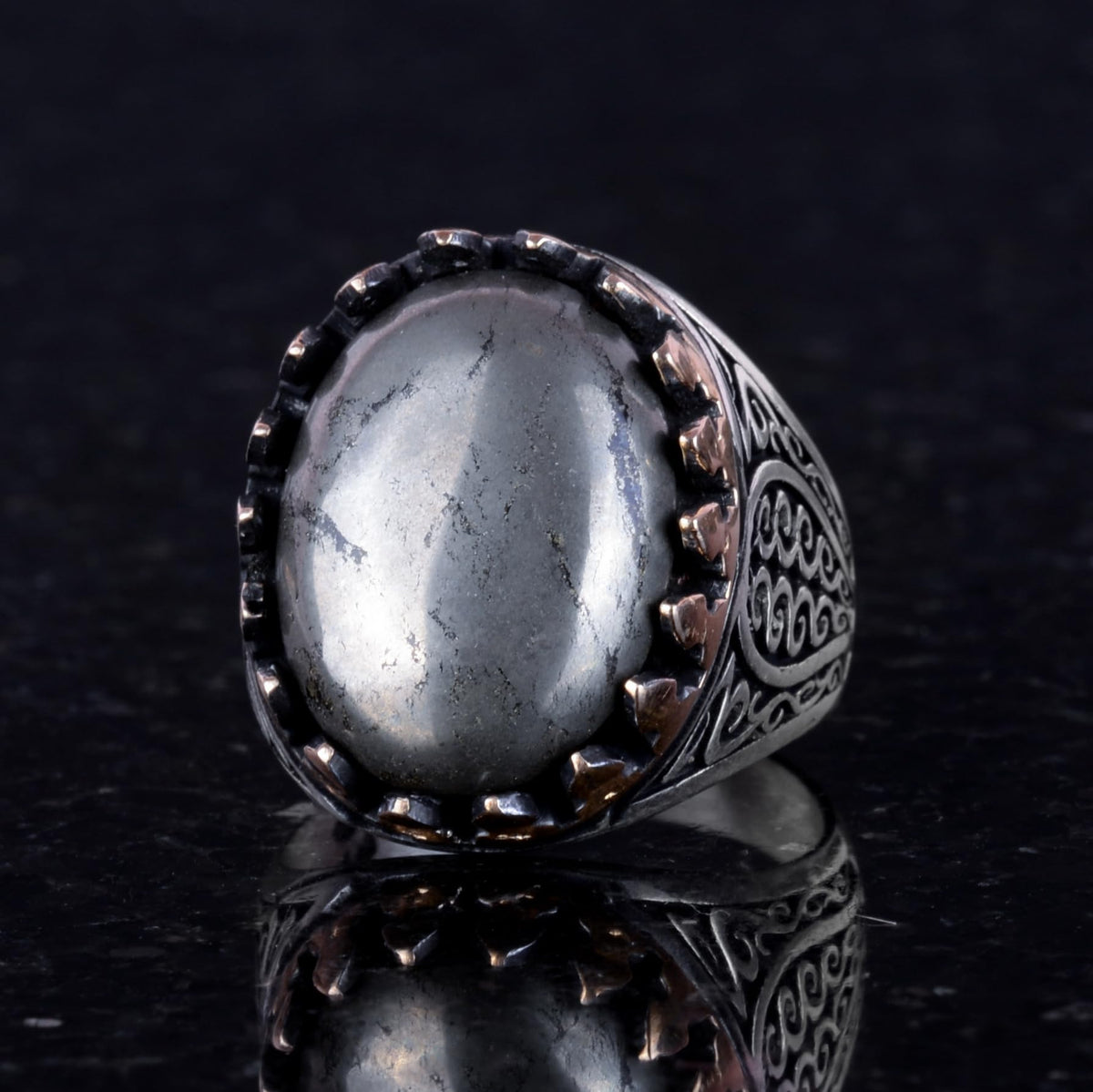 925 Sterling Silver Men's Ring - Natural Pyrite Stone — 4