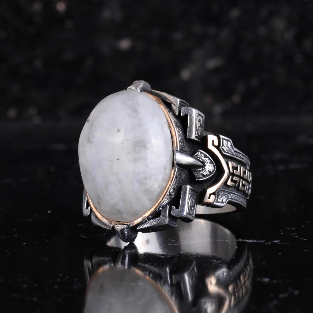 KAMBO Natural Stone Ring 925 Sterling Silver – Handmade Men's Statement Ring Healing Jewelry (Moonstone) — 5