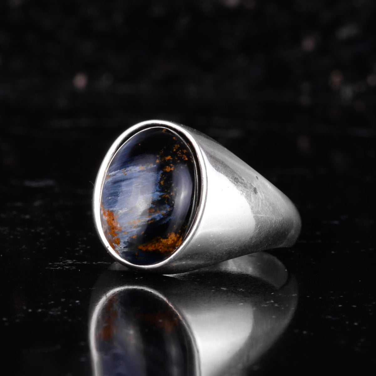 KAMBO Natural Men's Ring – 925 Sterling Silver Minimalist Oval Stone Ring – Handmade Classic Statement Jewelry (Pietersite) — 5