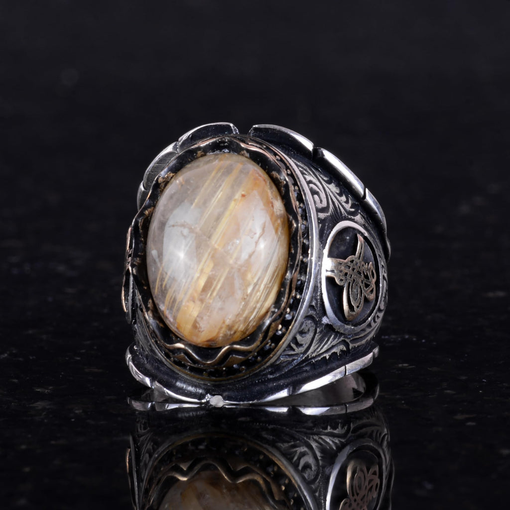 Cabochon Natural Gold Rutilated Quartz Stone Ring - Mystic 925 Sterling Silver Men's Ring — 5