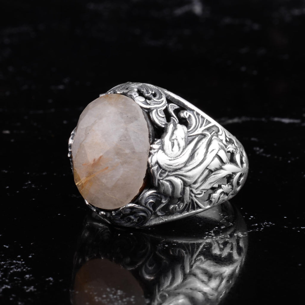 KAMBO Natural Stone Men's Ring 925 Sterling Silver - Large Flower Engraved Statement Ring - Handmade Vintage Ring for Men (Rutilated Quartz) — 5