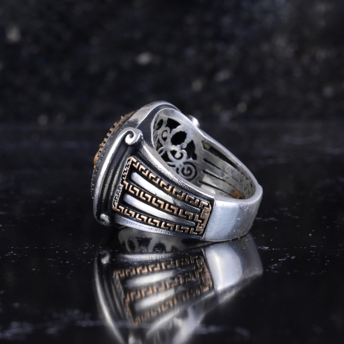 KAMBO Bronze Detailed 925 Sterling Silver Men's Ring Handmade Vintage Symbolic Statement Ring (Medusa Head) — 7