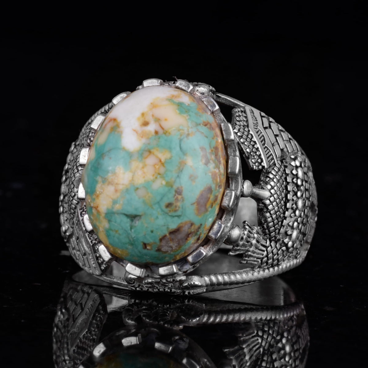 Natural Arizona Turquoise Stone Ring, Islamic Detailed Ring, 925 Sterling Silver Ring — 6