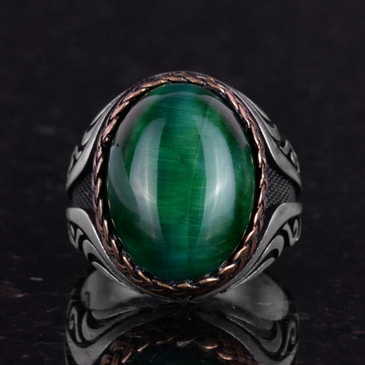 925 Sterling Silver Ring - Synthetic Stone Silver Ring - Handmade Ring (Dark Green Cat's Eye) — 4