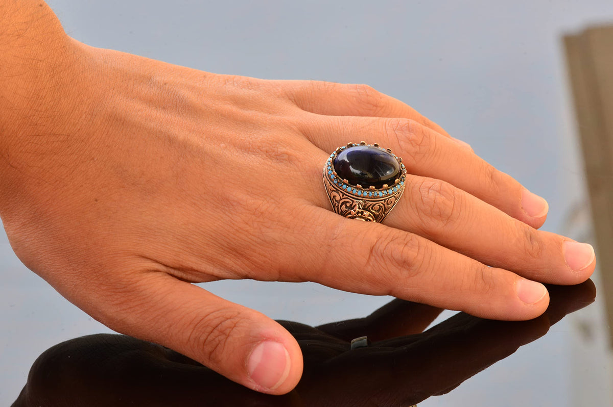 King Ring - Artificial Blue Tiger's Eye Stone, 925 Sterling Silver Unisex Ring — 6