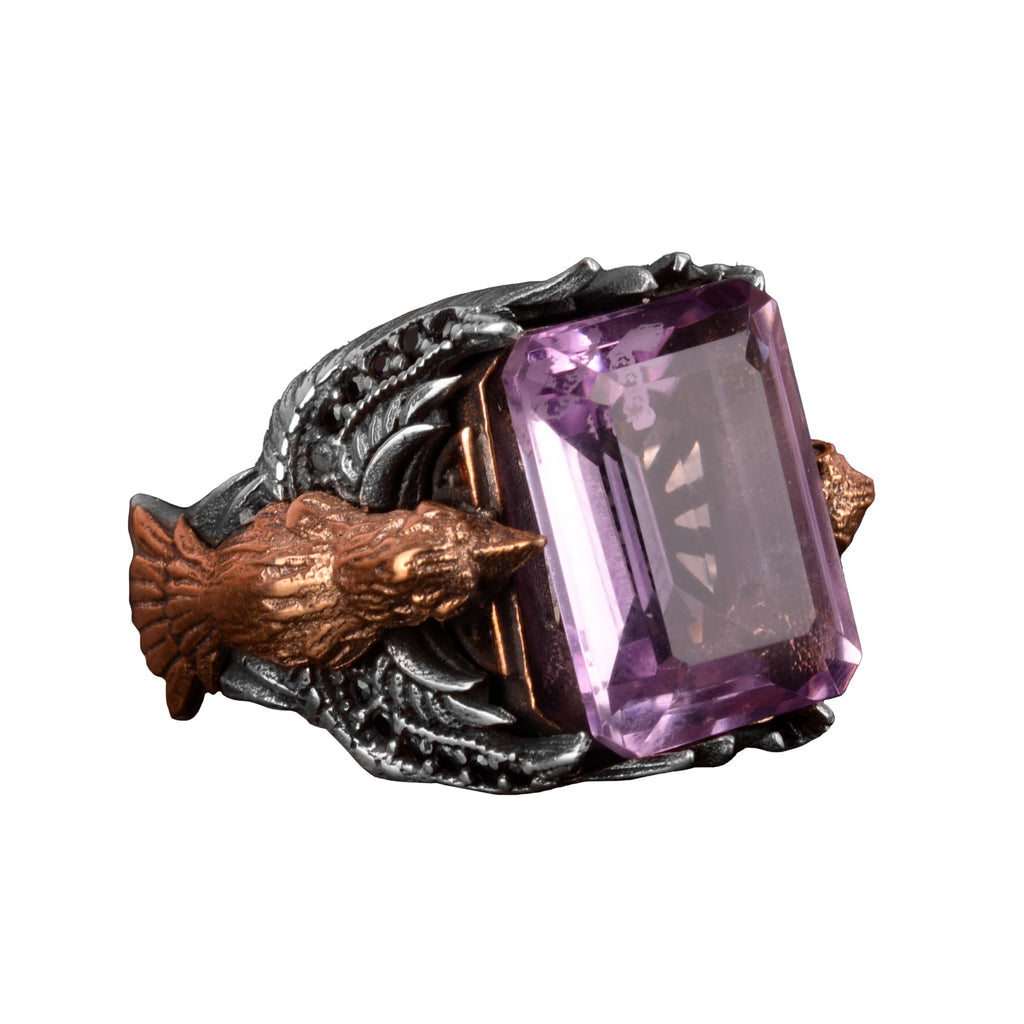 KAMBO Real Natural Amethyst Stone Ring, Bird Symbol Ring, Men's 925 Sterling Silver Ring