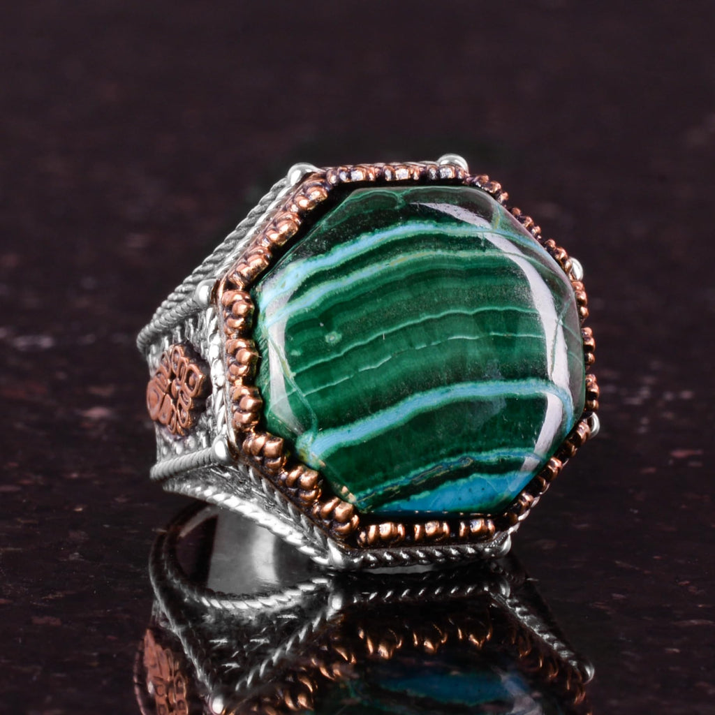 Natural Stone Ring - Octagonal Design - Handcrafted 925 Sterling Silver (Chrysocolla) — 5
