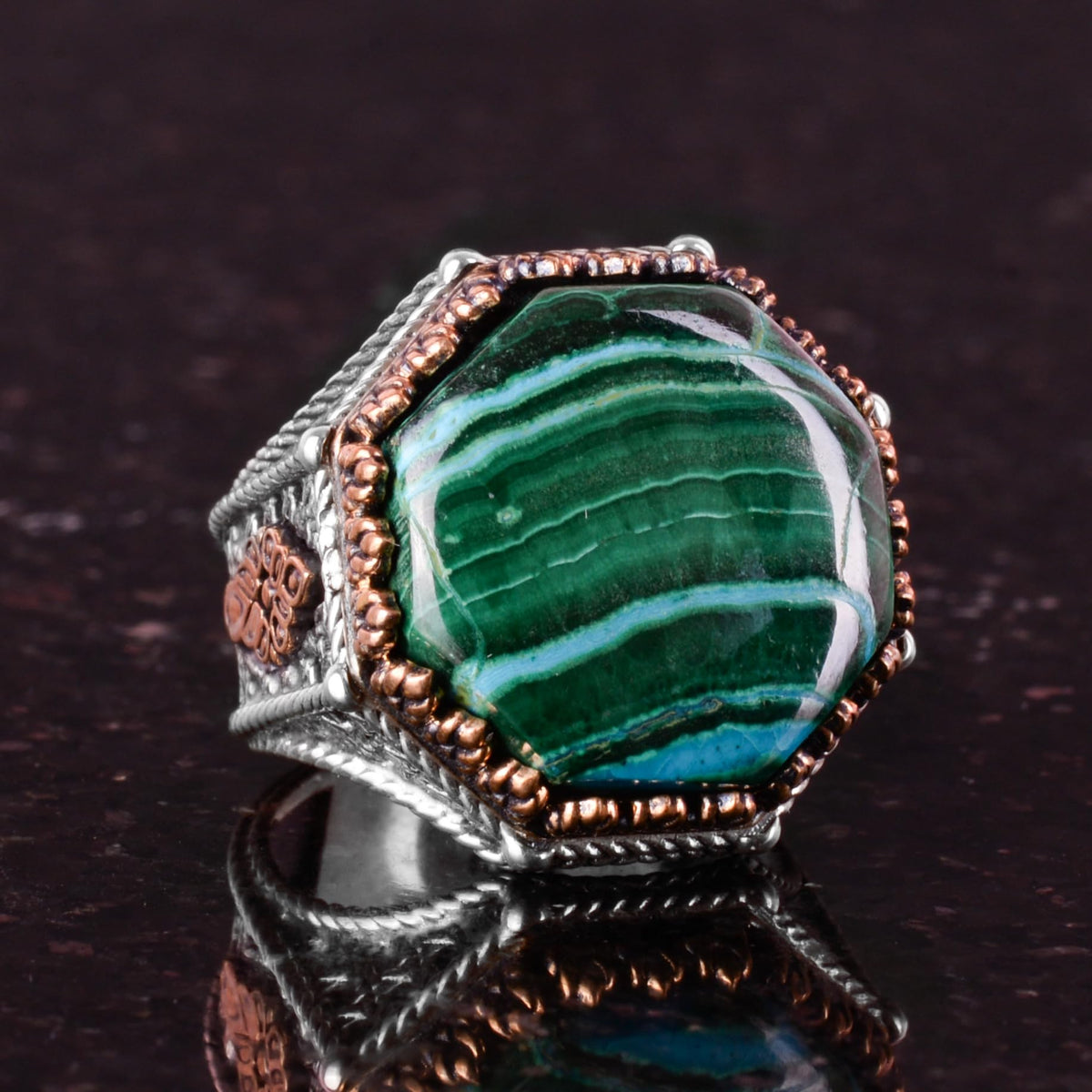 Natural Stone Ring - Octagonal Design - Handcrafted 925 Sterling Silver (Chrysocolla) — 5