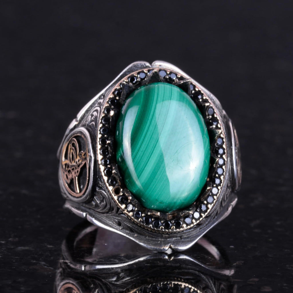 925 Sterling Silver Men's Ring - Handmade Elegance with Natural Stones (Malachite Stone) — 4
