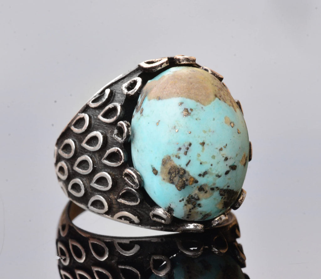 Genuine Real Arizona Turquoise Gemstone Ring, 17.00 Carat, Solid Sterling Silver Men's Turquoise Ring
