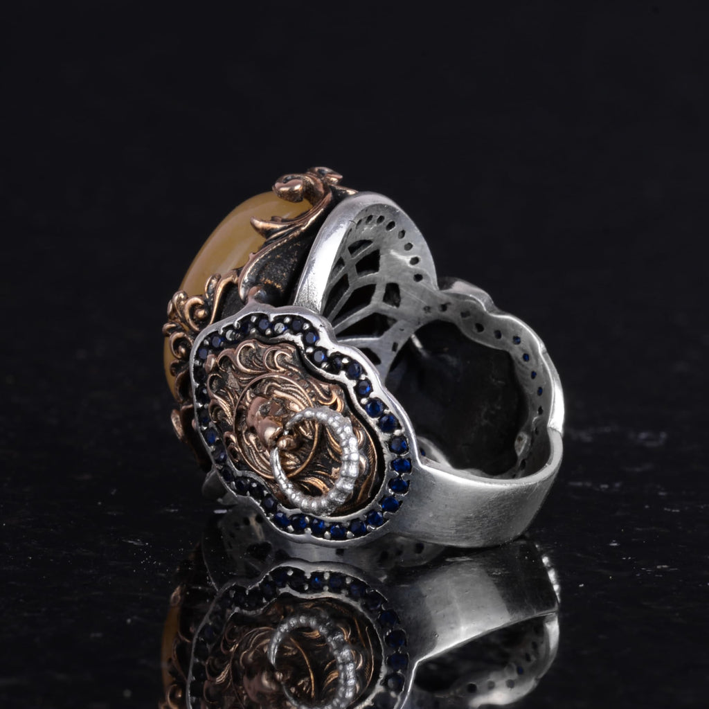 Lion Head Ring, Green Blood Stone Ring - 925 Sterling Silver — 7