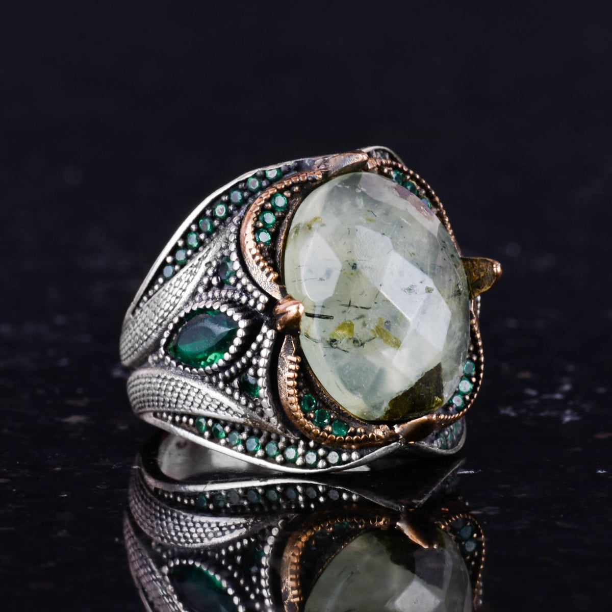 Natural Prehnite Jade Stone Ring - Designer Silver Men's Ring - 925 Sterling Silver Handmade Jewelry — 4