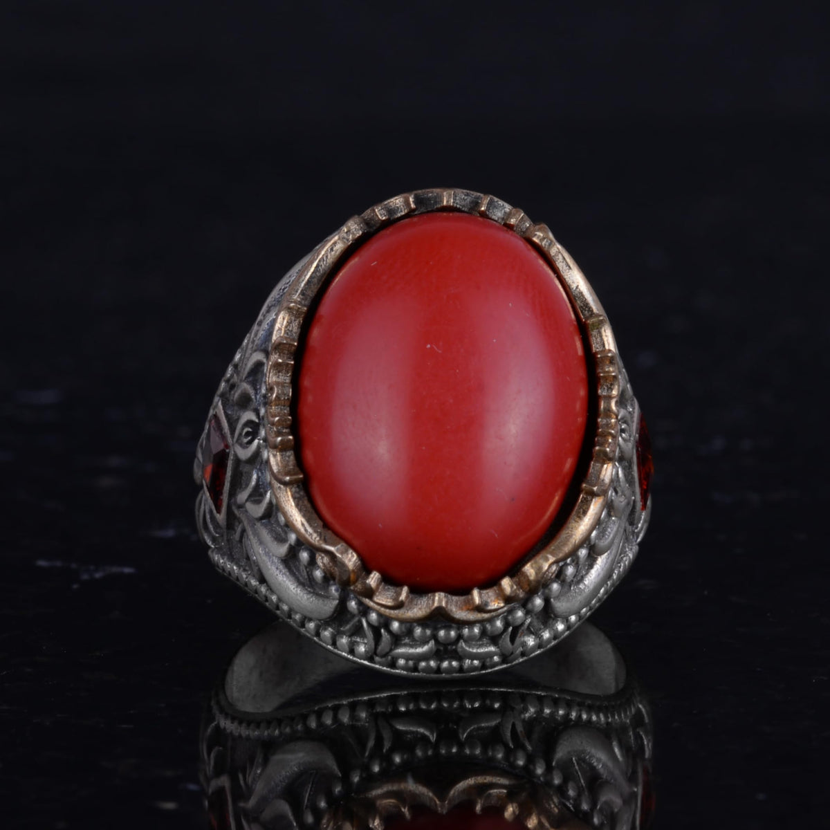 Artificial Stone Ring - Handmade Men's Ring - Stylish 925 Sterling Silver Men's Jewelry (Artificial Coral) — 4