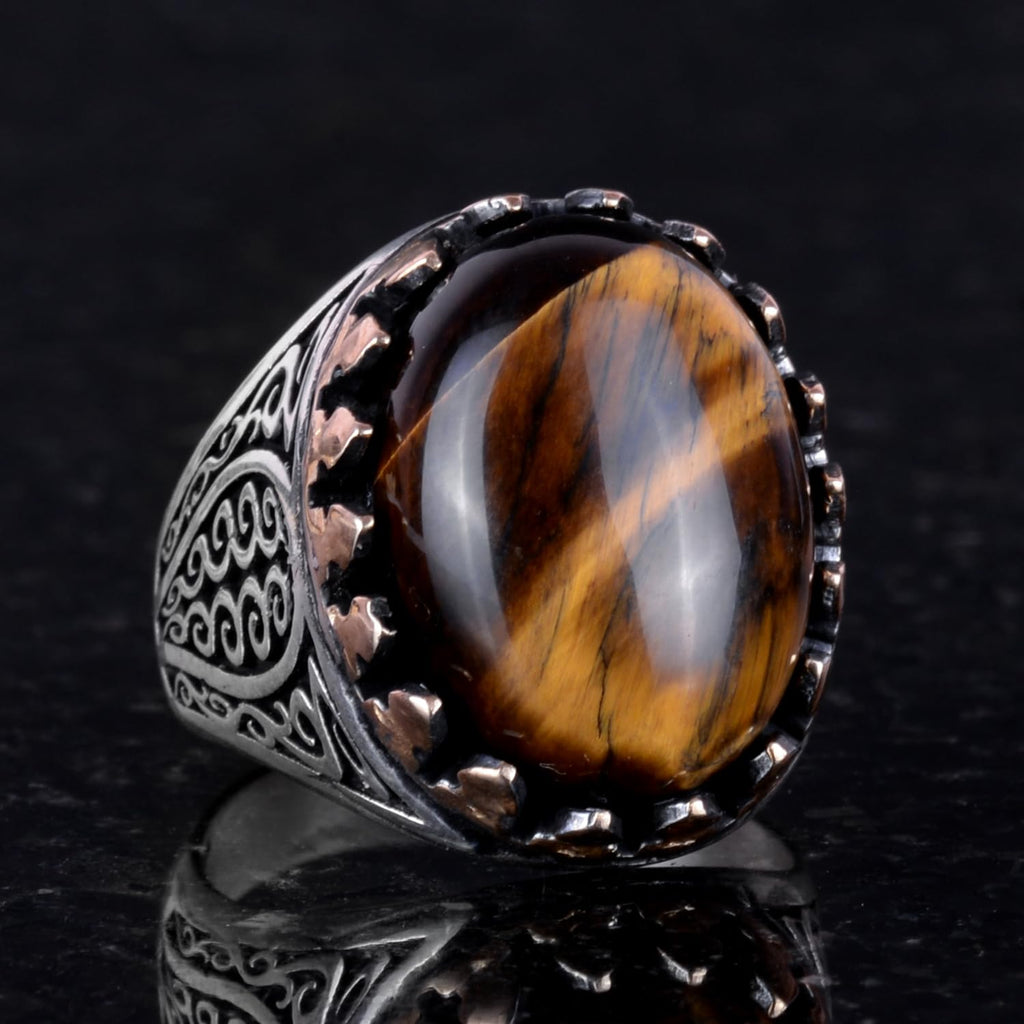 925 Sterling Silver Men's Ring - Handmade Elegance with Natural Stone (Tiger's Eye) — 3