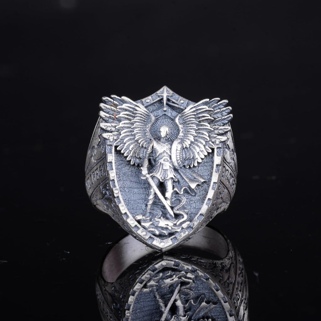 KAMBO 925 Sterling Silver Men's Ring Archangel Michael Design – Handmade Shield Protection Ring (Silver) — 4