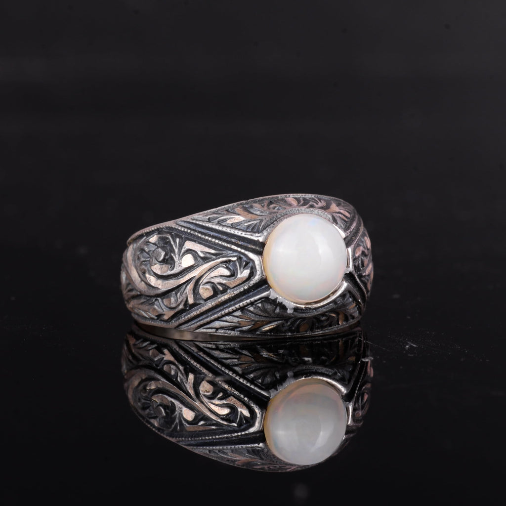 KAMBO Natural Stone Men's Ring – 925 Sterling Silver Minimalist Engraved Band | Handmade Elegant Jewelry (Opal) — 6