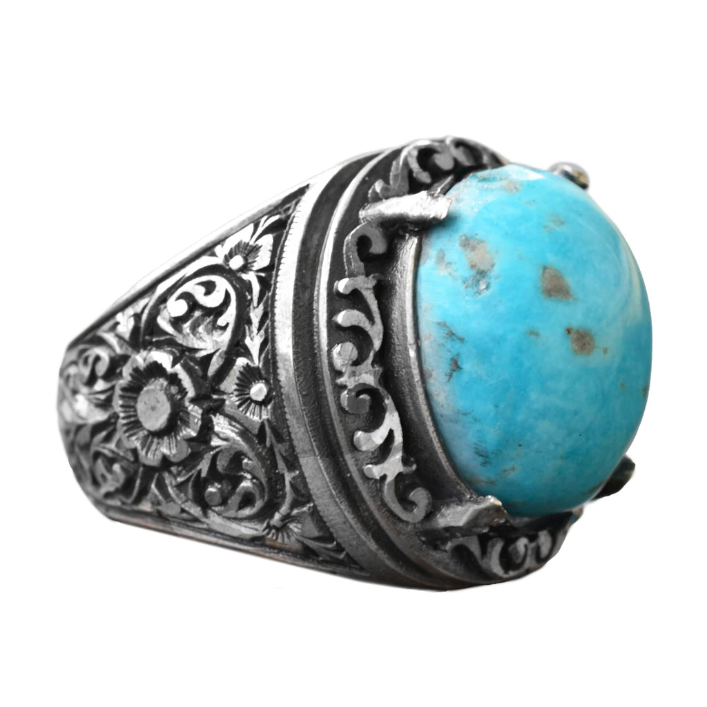 KAMBO Handmade Men's Ring with Natural Turquoise Stone in 925 Sterling Silver, Vintage Style-1 Design, Statement Jewelry