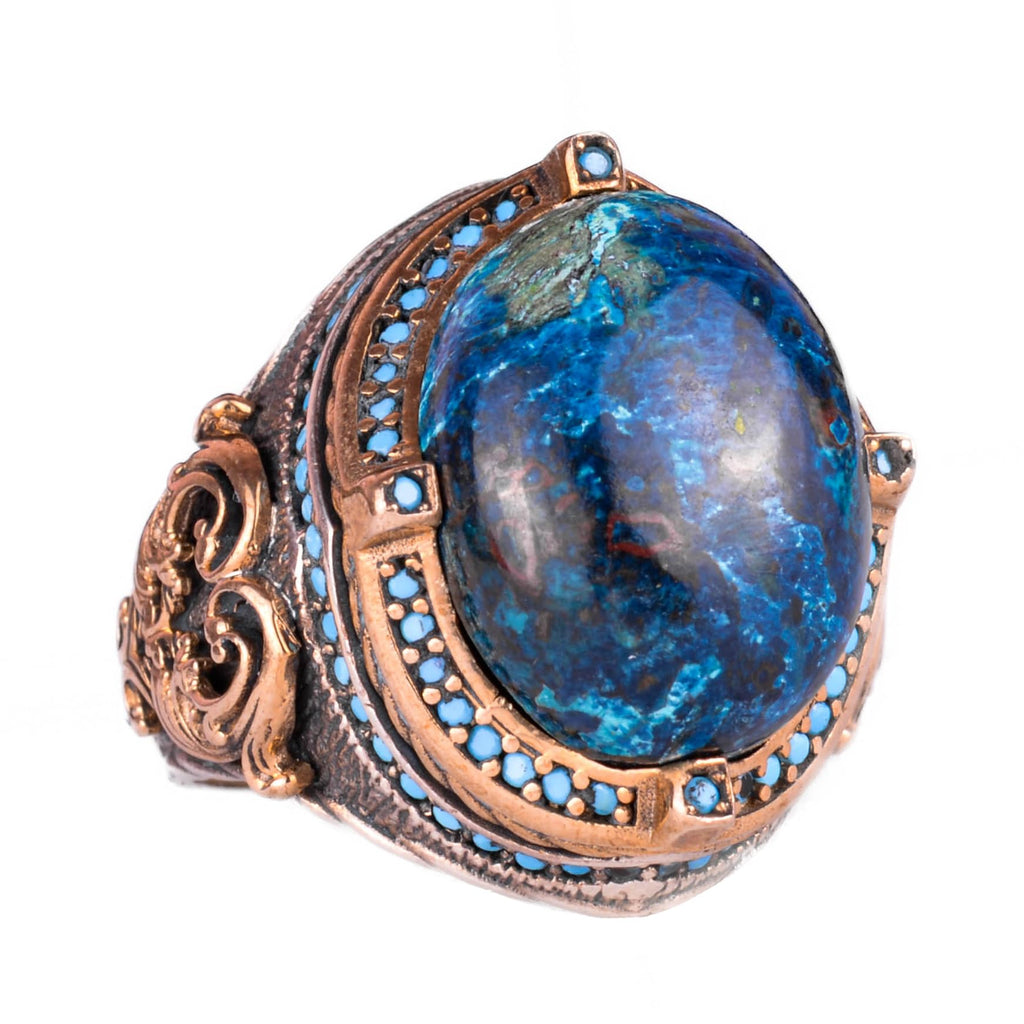 925 Sterling Silver Ring with Natural Azurite Stone, Handmade Men's Ring, Vintage Design