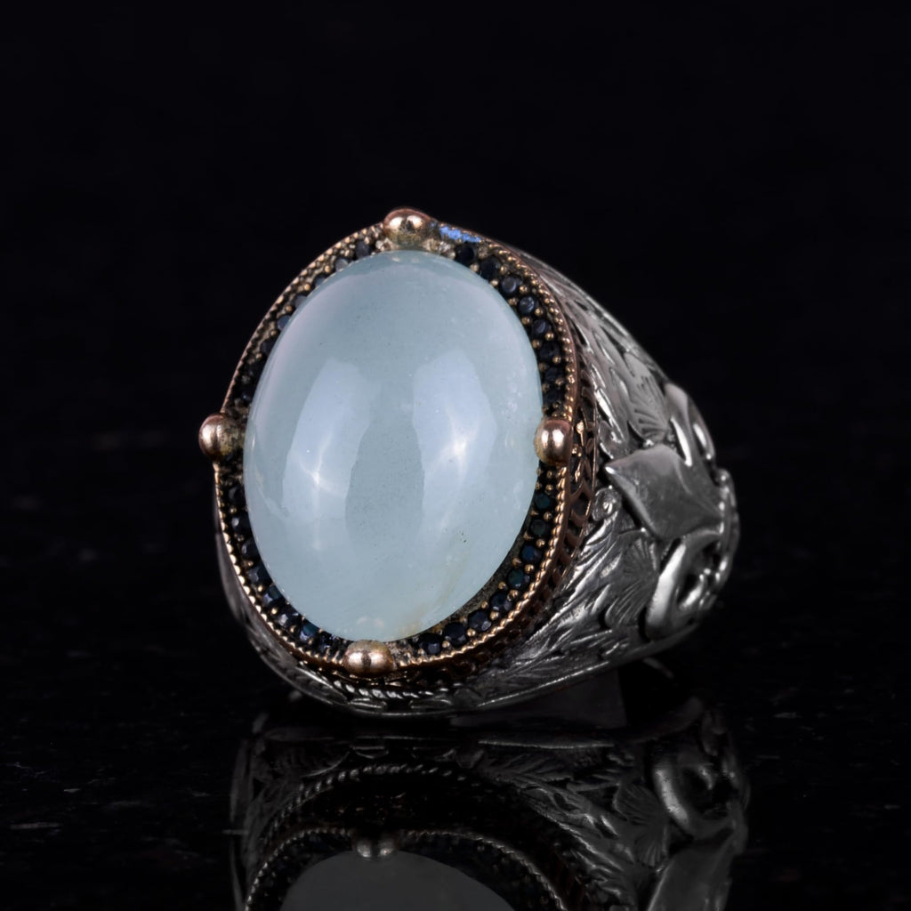 Kambo Handmade Men's Ring in 925 Sterling Silver - Available with Various Natural Gemstones (Cabochon Aquamarine) — 4