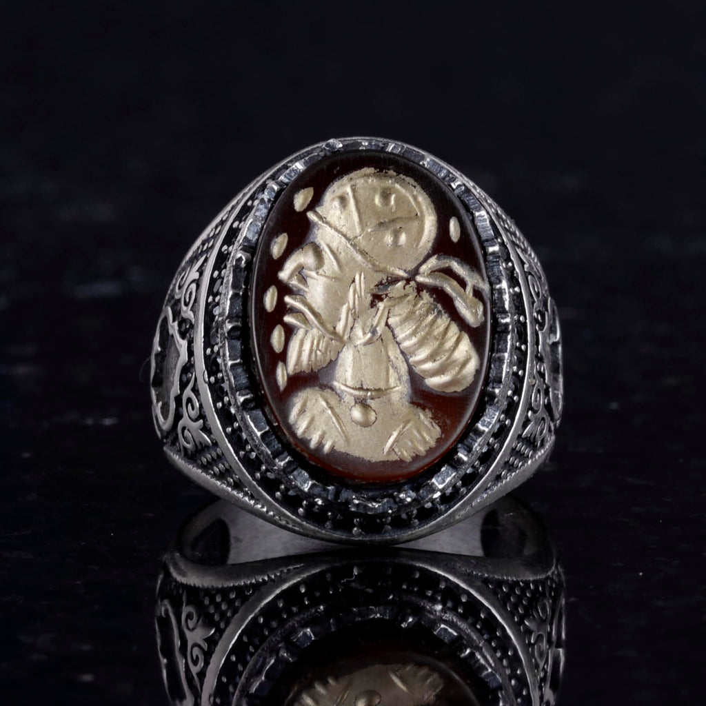 Natural Agate Stone Shaman Ring - Silver Jewelry - Carved Stone Ring - 925 Sterling Silver Men's Ring — 4