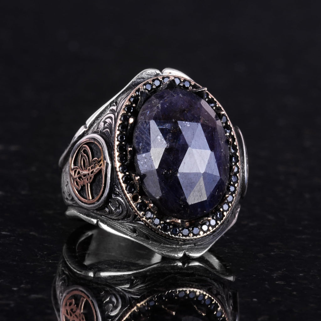 925 Sterling Silver Men's Ring - Handcrafted Elegance with Blue Sapphire Stone — 4