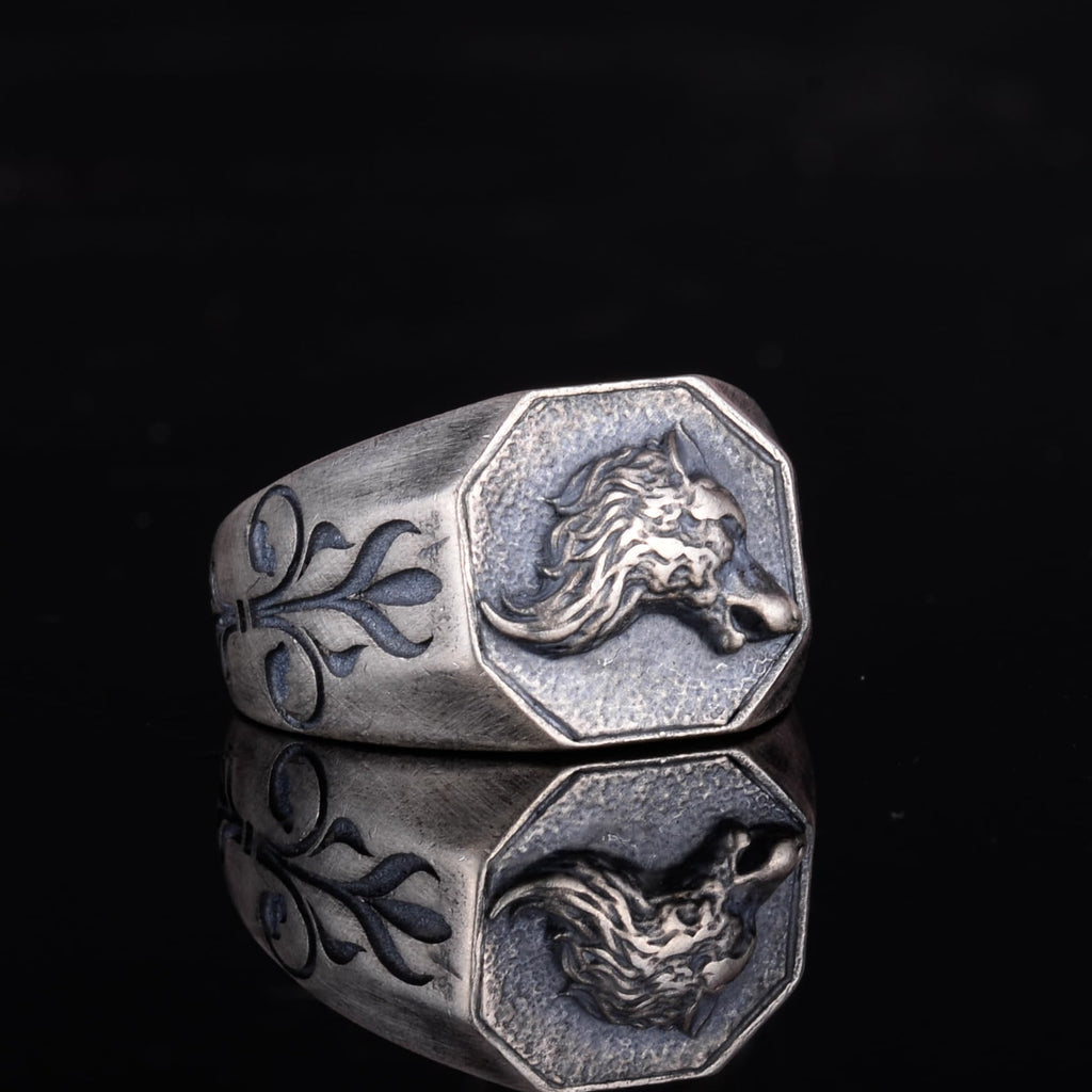 KAMBO 925 Sterling Silver Wolf Skull Men's Ring – Handmade Animal Symbol Jewelry – Decorative Side-Engraved Gothic Statement Ring — 6
