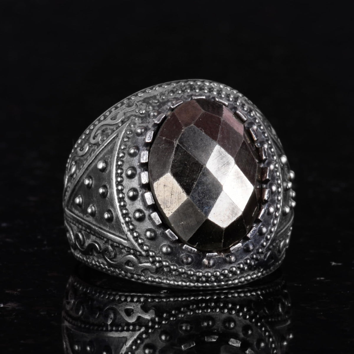 KAMBO Genuine Natural Stone Ring, 925K Solid Silver Men's Ring (Pyrite) — 5