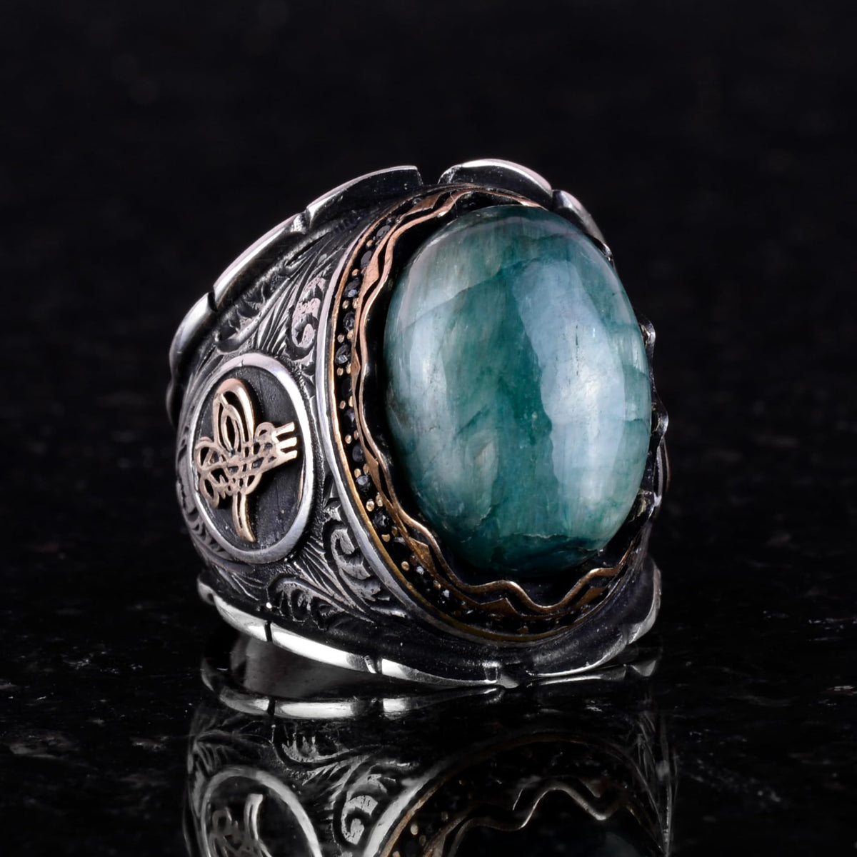 Ottoman Tugra Silver Ring with Natural Cabochon Emerald Stone 925 Sterling Silver Men's Ring — 4