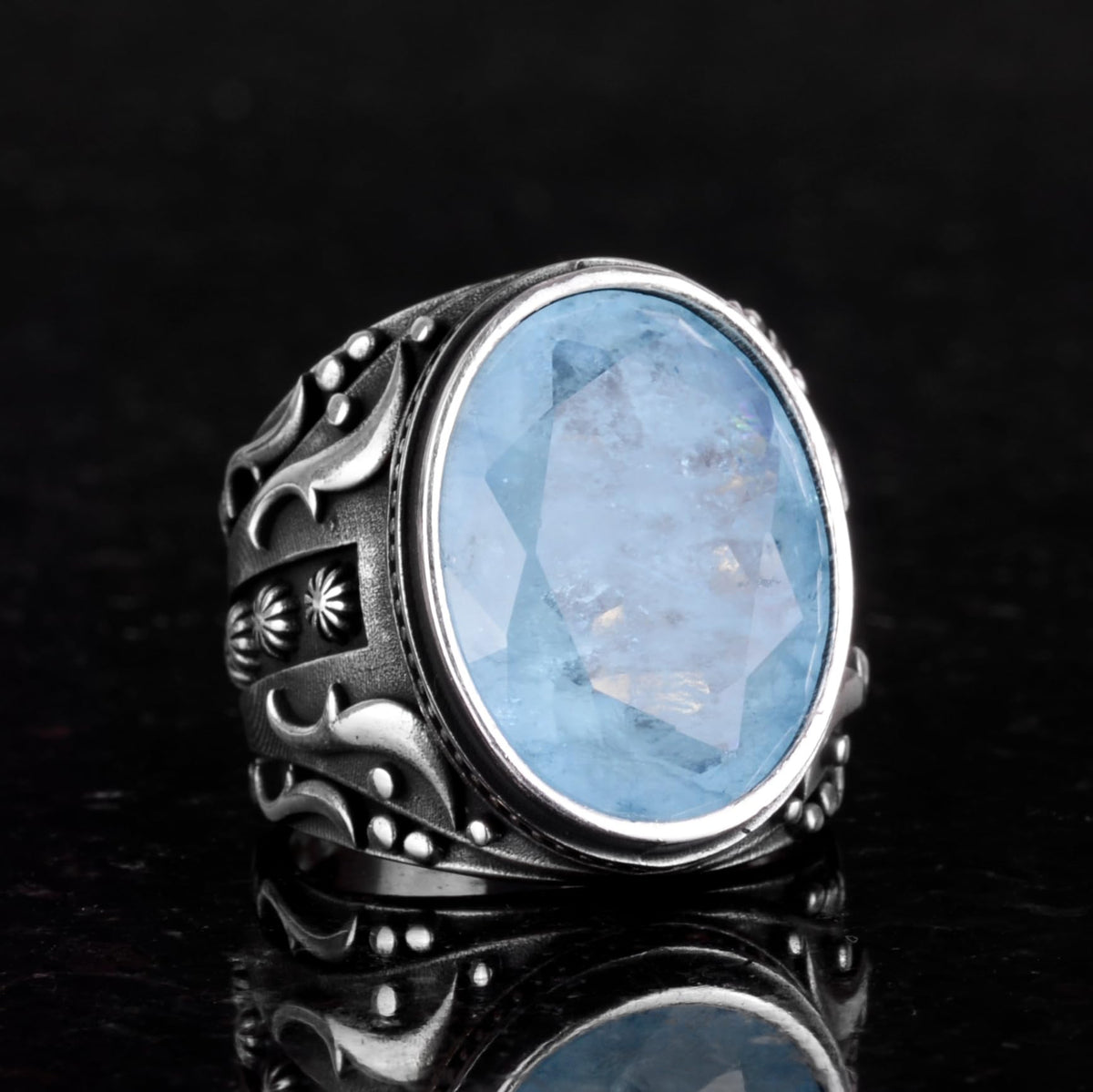 KAMBO Created Stone Ring, 925 Sterling Silver Ring, Designer Silver Men's Ring (Light Blue Paraiba Arranged Stone) — 5