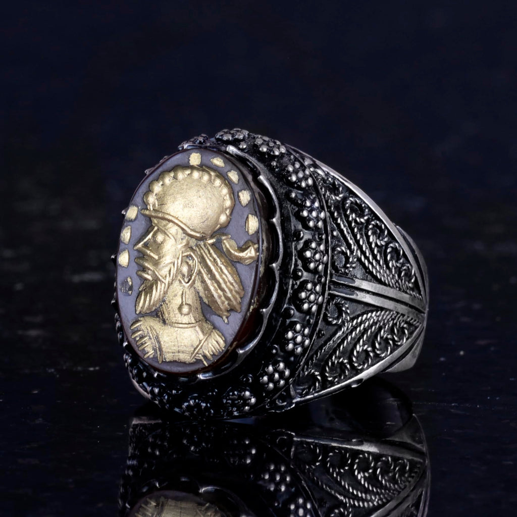 Natural Agate Stone Shaman Ring - Carved Native American Chief Ring, 925 Sterling Silver Men's Ring — 6