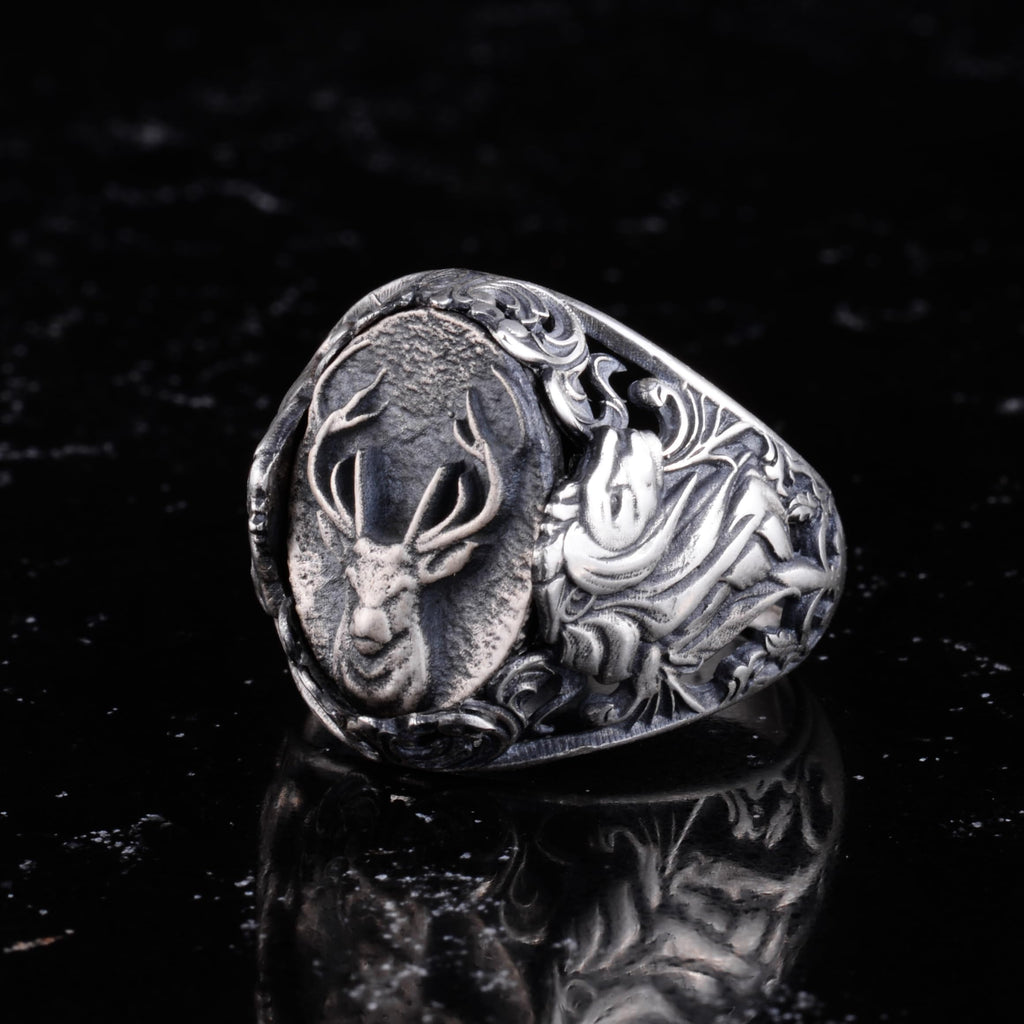 KAMBO Symbol Ring for Men 925 Sterling Silver - Deer Skull Seal Ring for Men - Flower Engraved Men's Jewelry - Rustic Hunter Statement Ring — 4