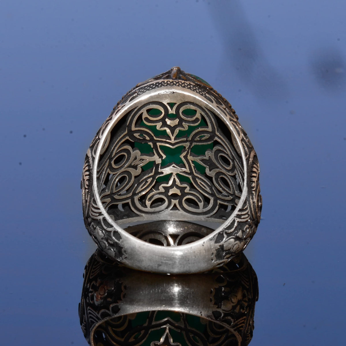 Handmade Solomon Seal Ring, Natural Green Onyx Stone, Islamic Men's Ring, 925 Sterling Silver — 8