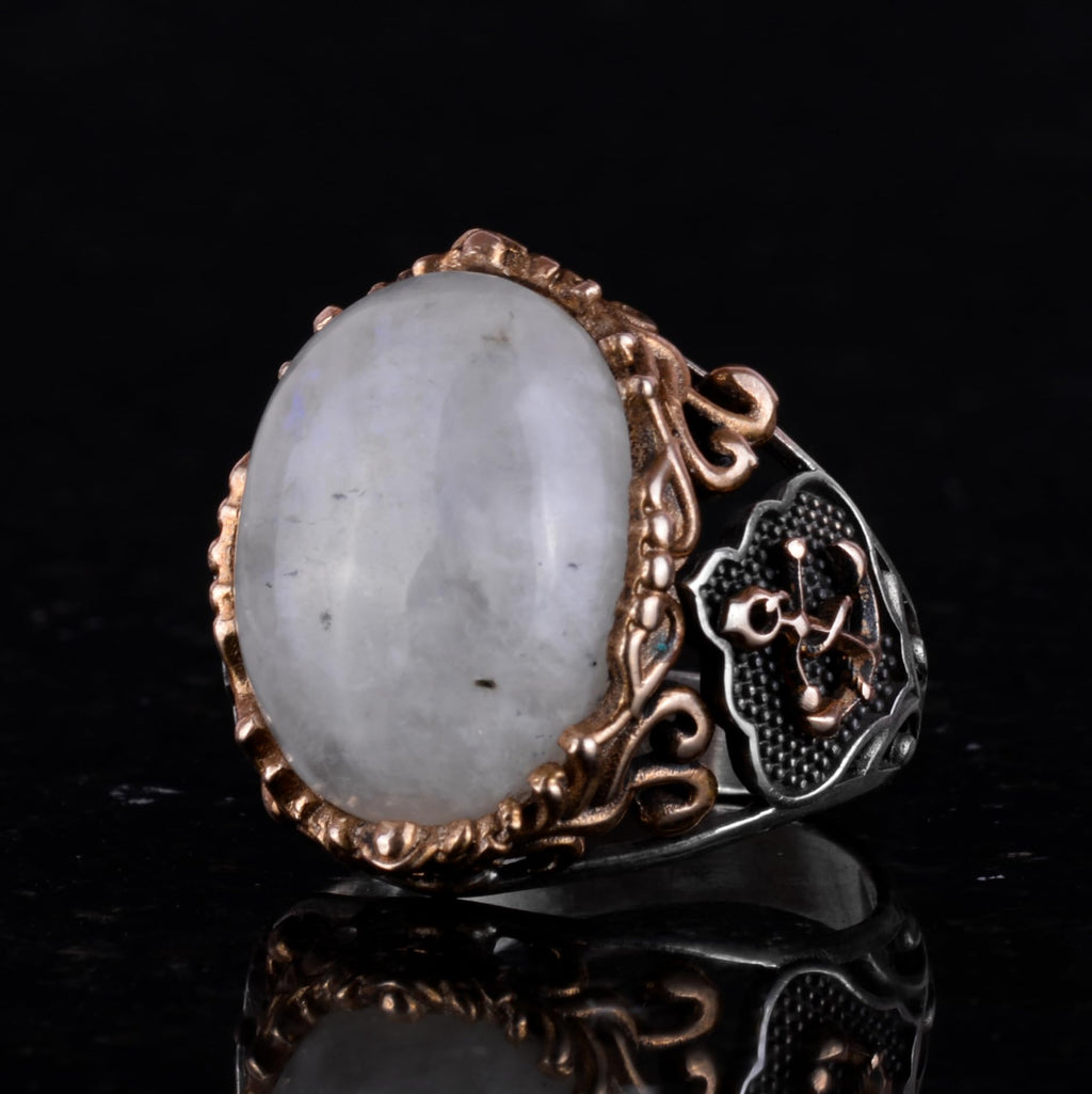 925 Sterling Silver Men's Ring, Natural Moonstone - Handmade Design, Sailor Anchor Ring — 5