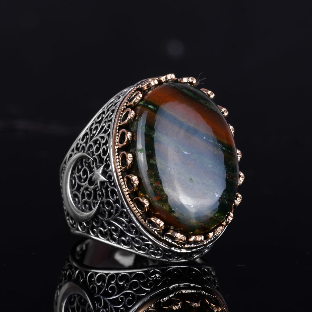 KAMBO 925 Sterling Silver Men's Natural Stone Ring - Moon and Star Design - Handmade Vintage Jewelry (Green Bloodstone) — 6