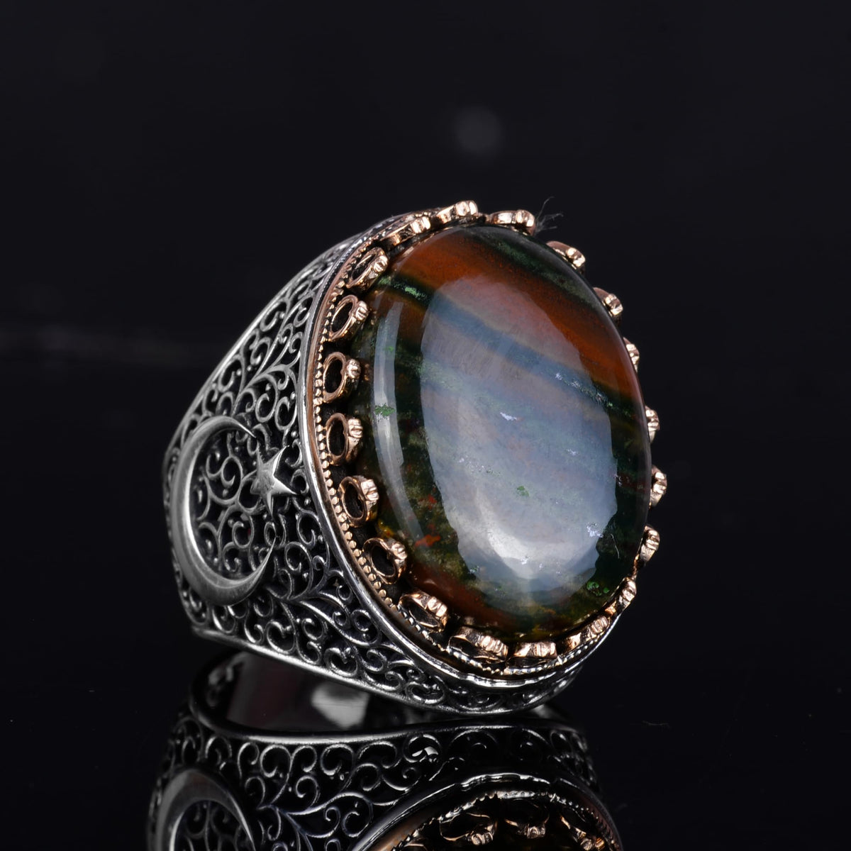 KAMBO 925 Sterling Silver Men's Natural Stone Ring - Moon and Star Design - Handmade Vintage Jewelry (Green Bloodstone) — 6