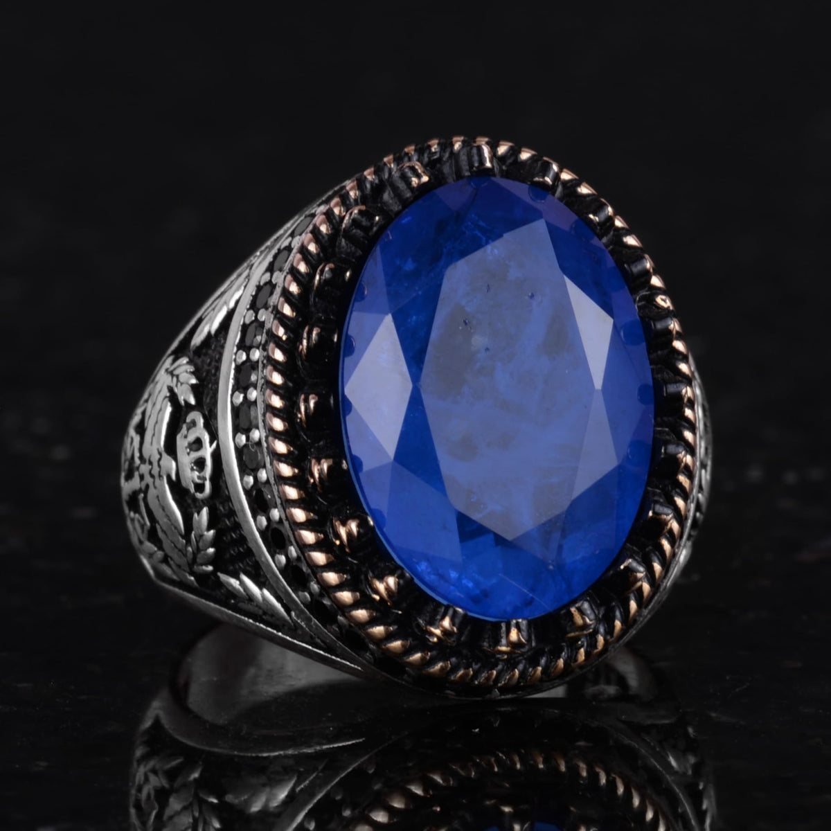 925 Sterling Silver Ring, Artificial Stone Ring, Eagle Symbol Ring, Handmade Ring (Artificial Blue Paraiba) — 5