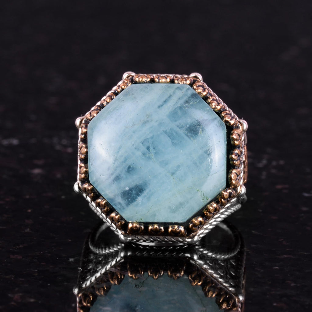 Natural Aquamarine Stone Ring - Octagonal Design - Handmade 925 Sterling Silver Jewelry — 4