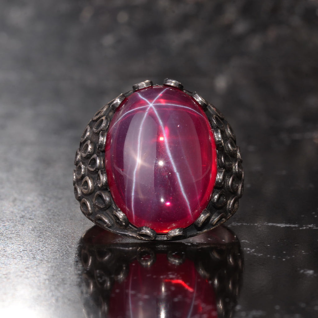 KAMBO Natural Star Ruby Stone Ring for Men 925 Sterling Silver Handmade Thick Statement Ring Unique Design Asterism Ruby — 3