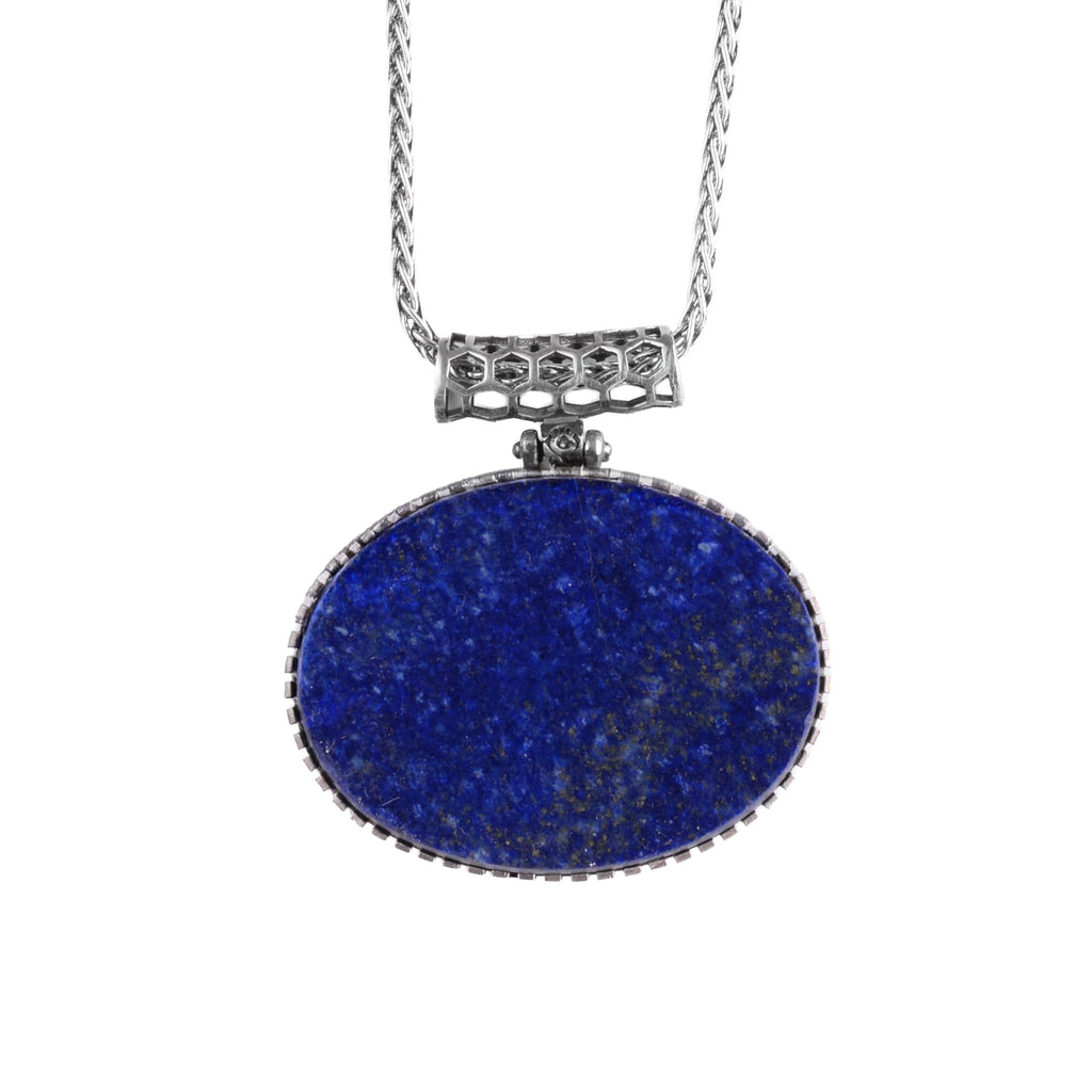 KAMBO Natural Stone Horizontal Large Men's Necklace Chain 925 Sterling Silver – Oval Stone Necklace (Lapis Lazuli)