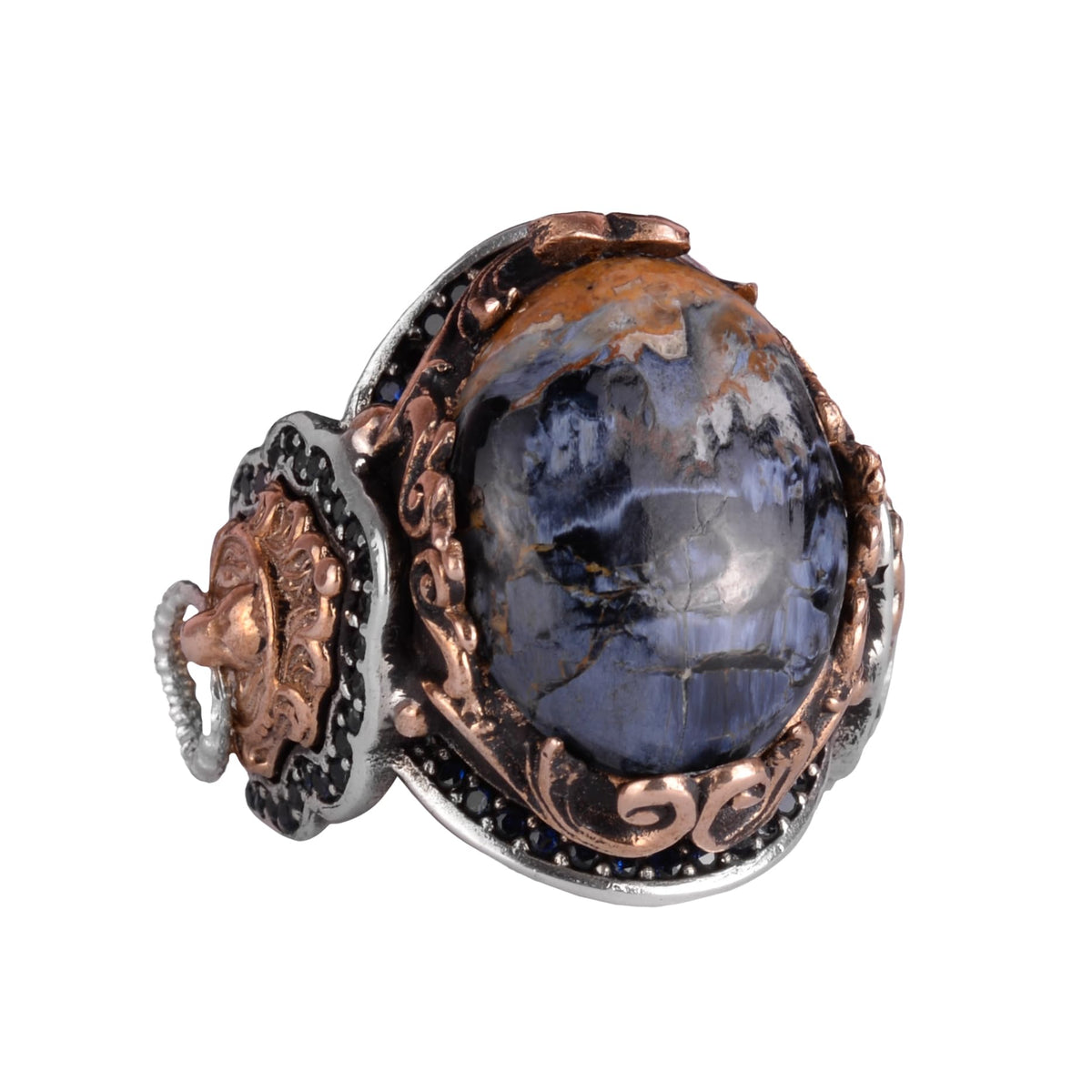 925 Sterling Silver Ring, Lion Symbol Ring, Natural Pietersite Stone Ring
