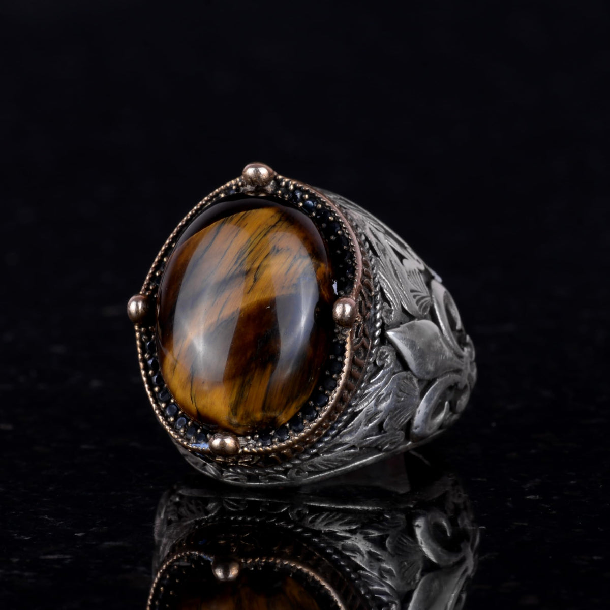 925 Sterling Silver Handmade Men's Ring - Available with Various Natural Stones (Tiger Eye) — 5
