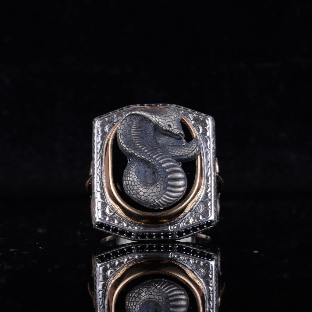 Black Patterned Stone Men's Large Ring – 925 Sterling Silver Vintage Statement Ring (Model-2) — 3