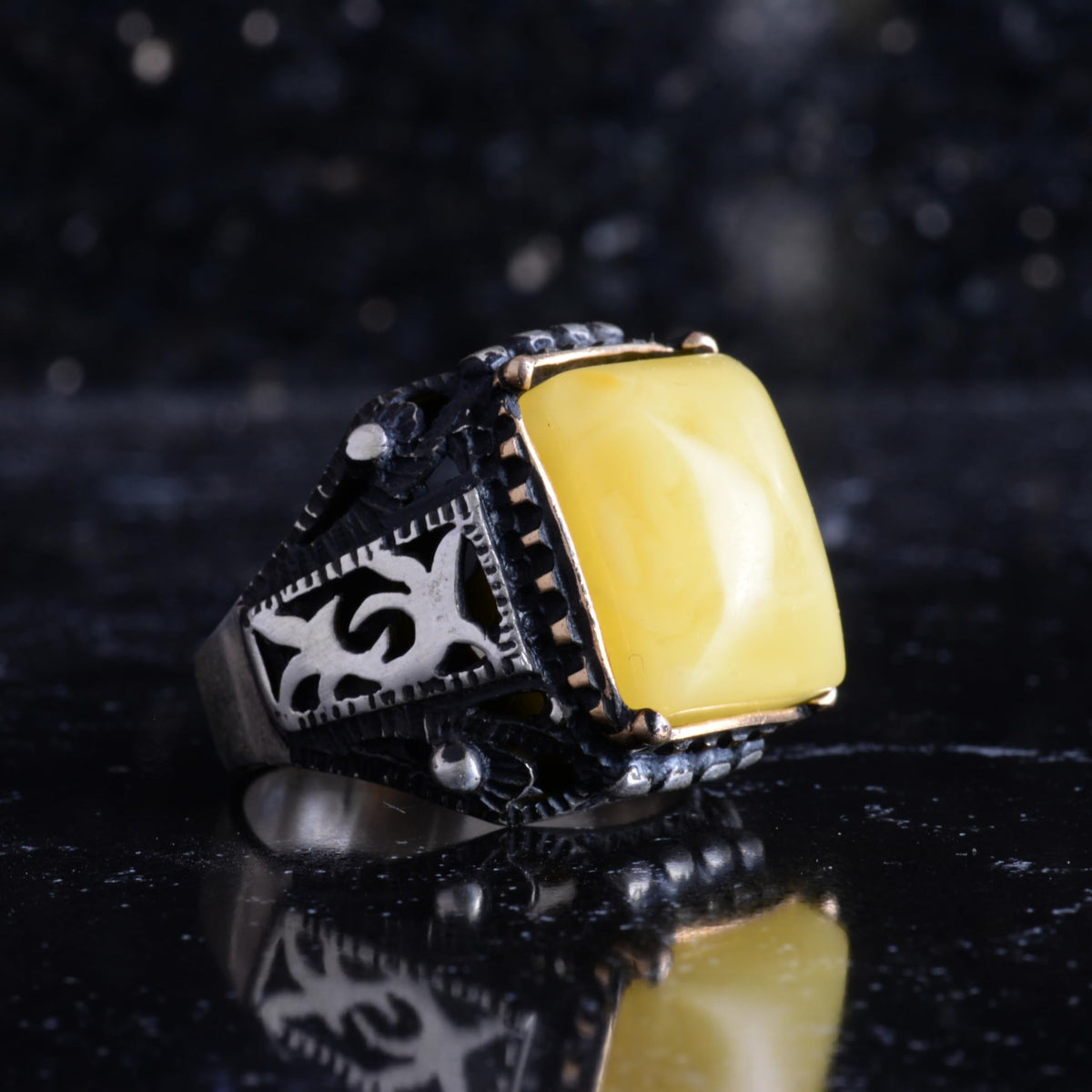 KAMBO Natural Amber Stone Men's Ring 925 Sterling Silver – Rectangular Stone Handmade Vintage Statement Ring — 6