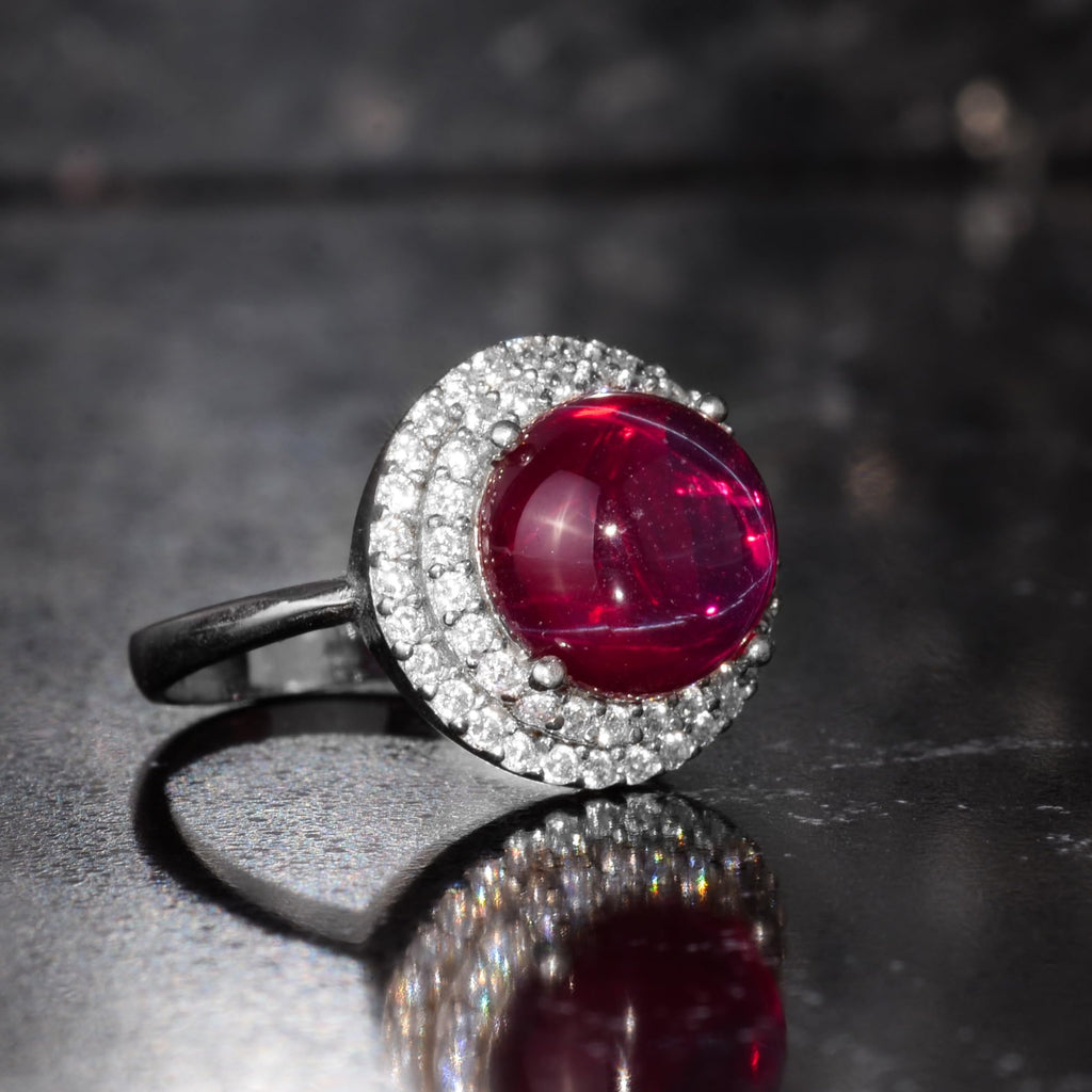 KAMBO Natural 6 Ray Star Ruby Stone Ring for Women 925 Sterling Silver Halo Design Elegant Handmade Ring Asterism Ruby — 6