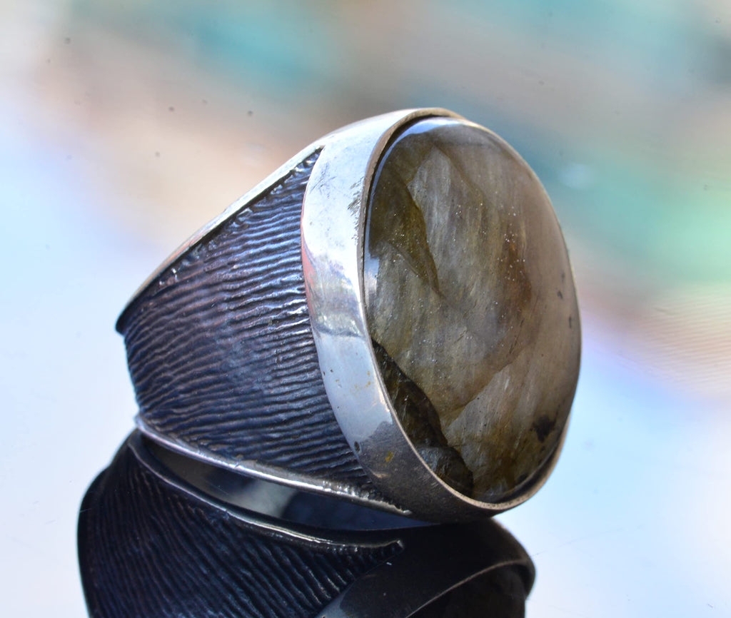 Natural Labradorite Round Stone Ring - 925 Sterling Silver Men's Big Ring — 4