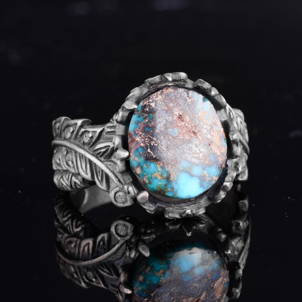KAMBO Antique Design Green Turquoise Stone Ring - Handmade 925 Sterling Silver Men's Statement Ring (Style-1) — 6