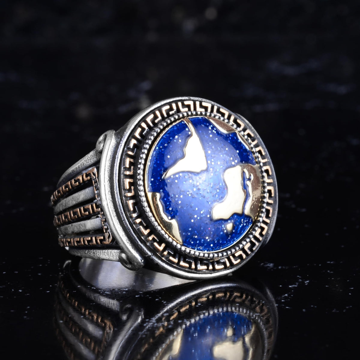 KAMBO World Map Men's Ring with Bronze Details 925 Sterling Silver Blue Enamel Globe Design Handmade Statement Ring — 6