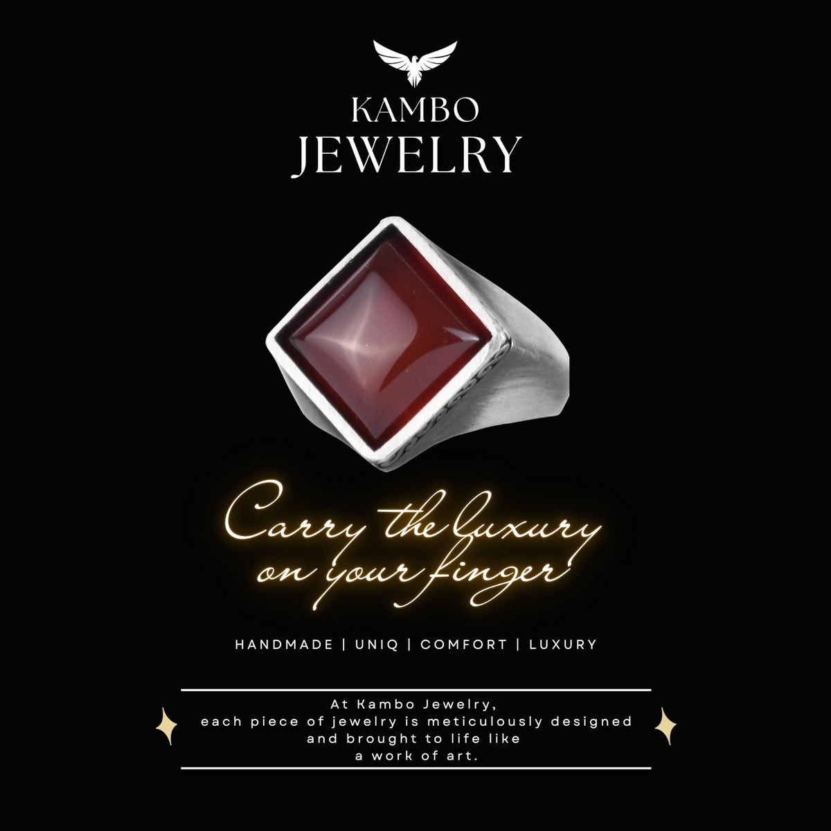 KAMBO Natural Stone Men's Ring 925 Sterling Silver – Square Cut Stone Handmade Minimalist Statement Ring (Red Agate) — 8