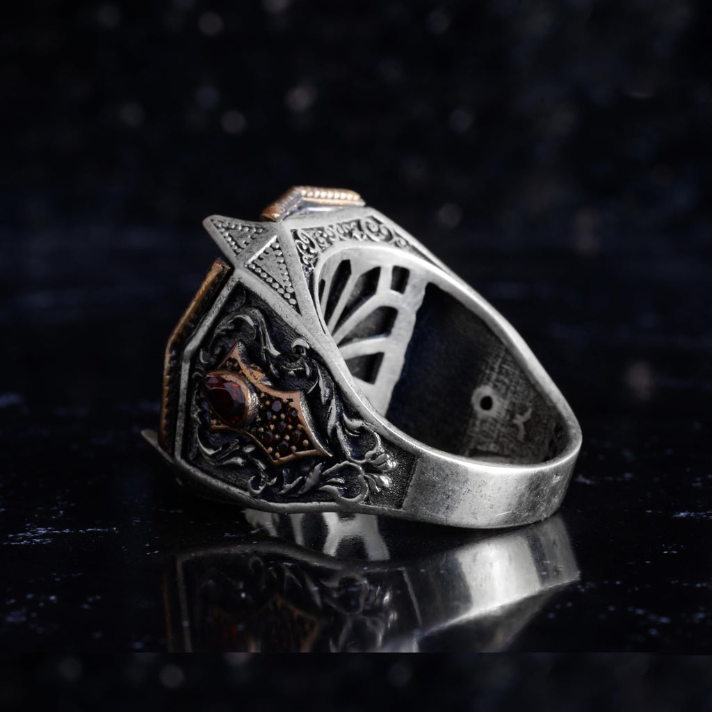 KAMBO Natural Coral Stone Men's Ring 925 Sterling Silver - Red Accent Stone Bronze Detail Statement Ring Handmade Jewelry — 7