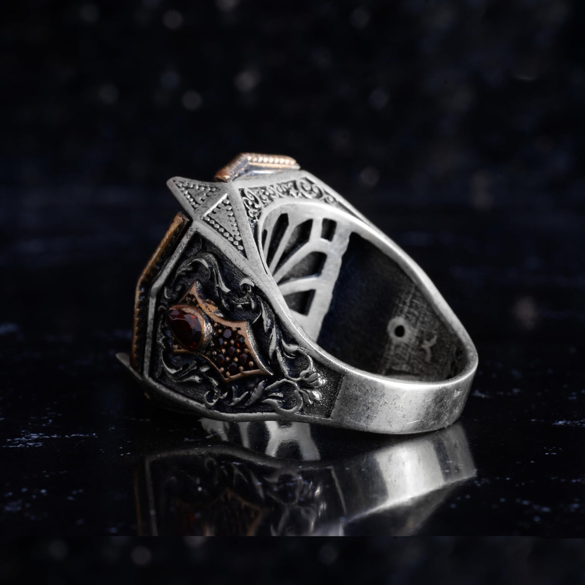 KAMBO Natural Coral Stone Men's Ring 925 Sterling Silver - Red Accent Stone Bronze Detail Statement Ring Handmade Jewelry — 7